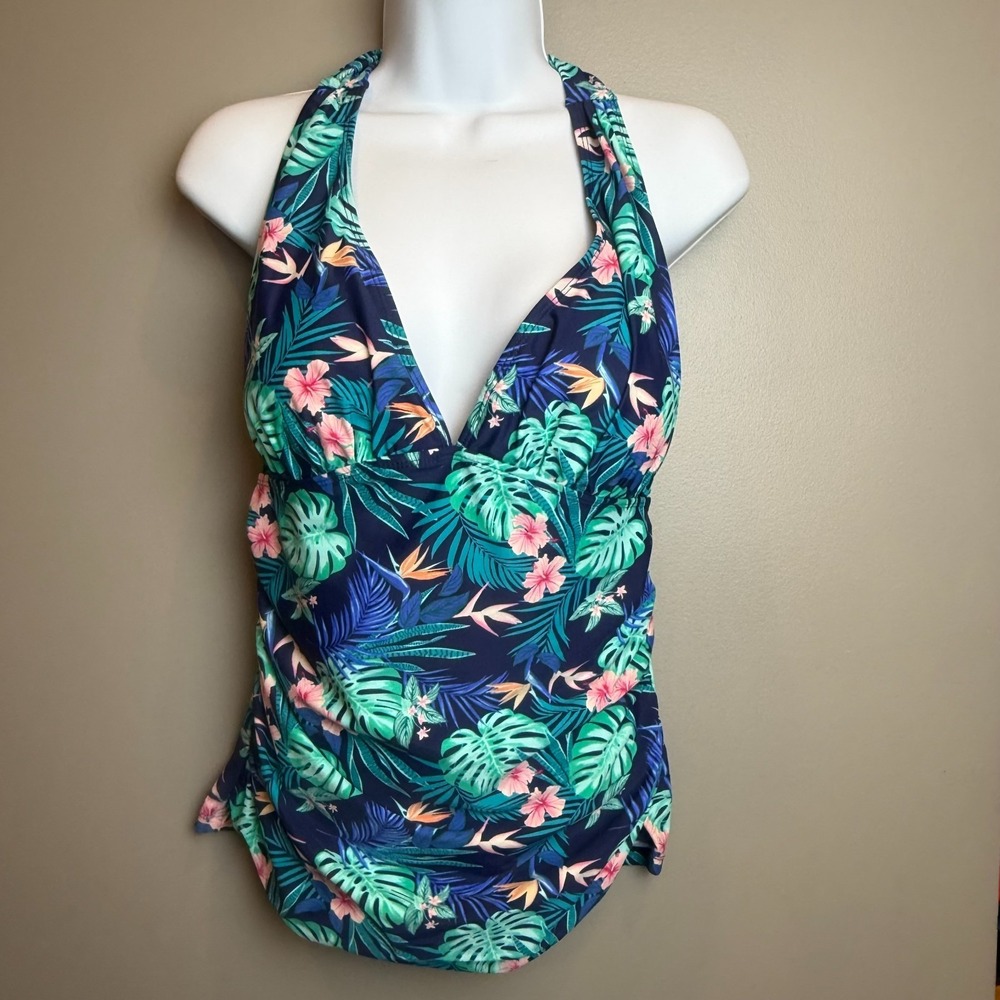 Bright and colorful women's tankini swim top in size XL featuring a vibrant stri